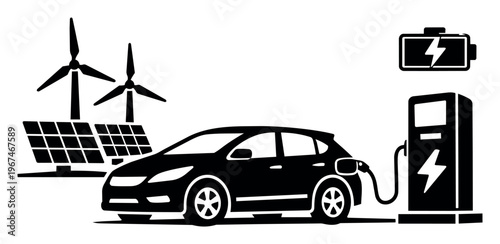 Electric vehicle (EV) receiving power at a charging station, representing clean energy from wind turbines and solar panels