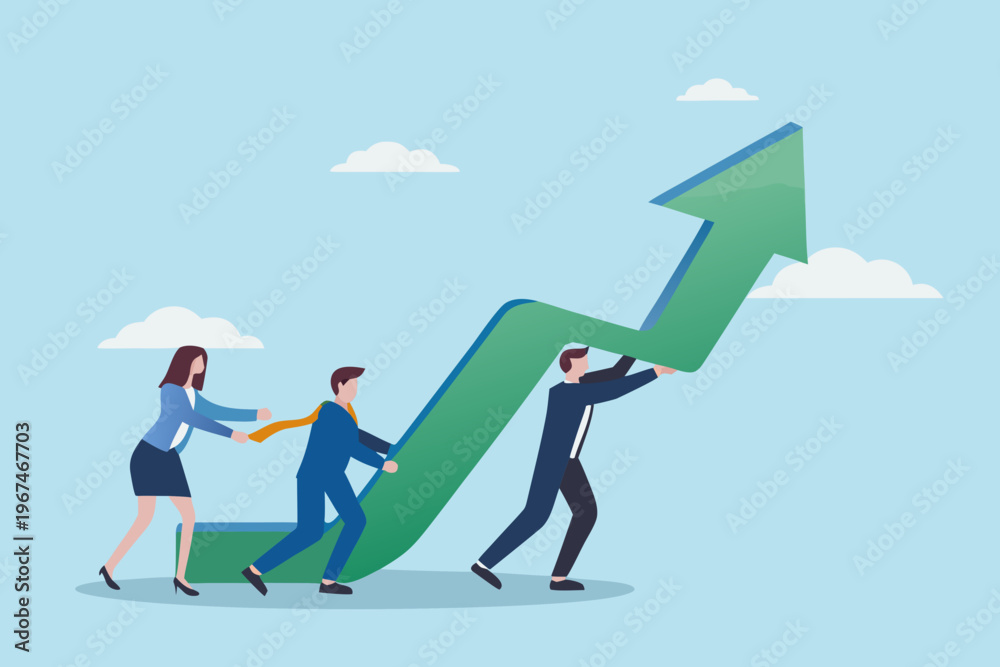 Fototapeta premium Business team collaboratively pushing a large green arrow upwards toward success
