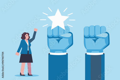 Woman celebrates success with a star and raised fists illustration
