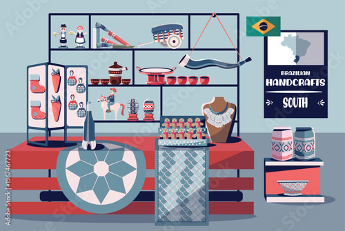 Brazilian handicraft from southern Brazil. This vector set includes famous works of art, such as objects made of bone, leather, pottery, and fish scales.