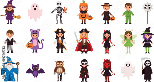 Halloween Costume Set Featuring Children in Vampire, Mummy, Ghost, Devil, Witch, Pumpkin, Skeleton, and Bat Outfits for Halloween and Party Designs