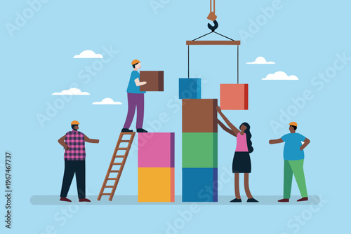 Teamwork and construction diverse people building with colorful geometric blocks