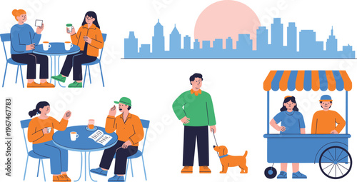 Urban street cafe lifestyle illustration with people drinking coffee city skyline outdoor seating food cart casual social scenes vector design