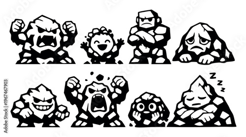 Cute rock creature characters expressing different feelings like anger, joy, sadness, surprise, and peaceful sleep