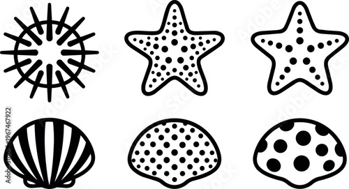 Black and white dotted starfish and seashell vector art collection