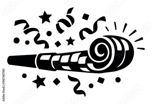 Party blower with confetti, stars, and ribbons symbolizing celebration, joy, and fun for various festive events