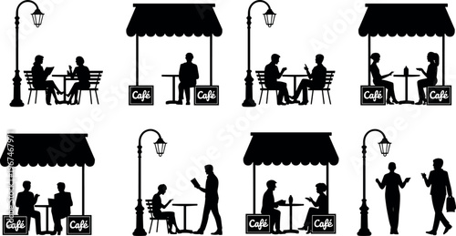 Street cafe outdoor silhouettes, people dining, coffee shop scenes, urban lifestyle illustration, restaurant seating, social interaction, city café concept