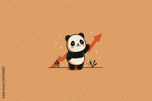 Cute cartoon panda with upward arrow on orange background