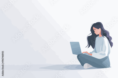 Young caucasian female sitting with laptop on floor in relaxed pose