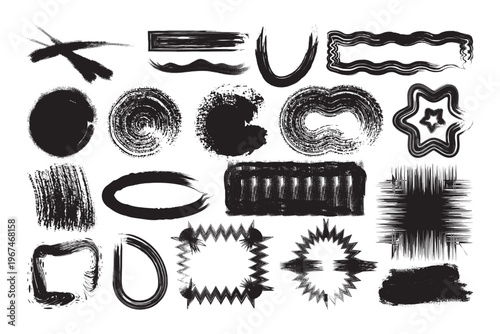 Collection of diverse black brush strokes and textures on a white background