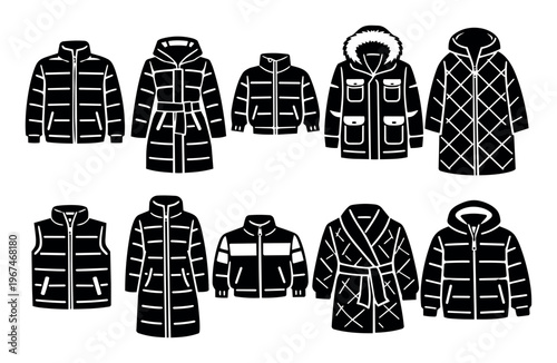 Collection of winter outerwear showing various styles of puffer jackets, long coats, and vests for cold weather fashion seasons