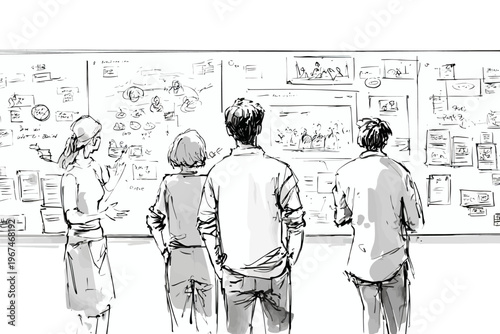 Team collaboration in office setting with diverse young adults analyzing ideas on whiteboard