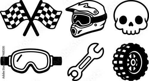 Black and white racing helmet goggles wrench tire and skull vector icons