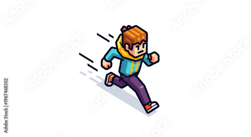 a cartoon boy running quickly outside.