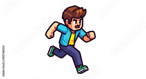 A cartoon boy running quickly outside.