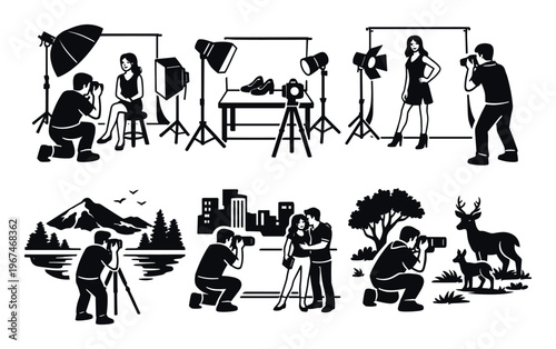 Photographers actively shooting different subjects, illustrating various photography styles and professional equipment use