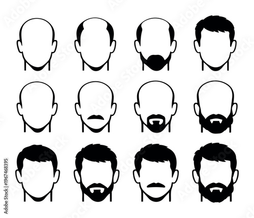 Male avatar portraits featuring different haircut styles, beards, and mustaches, illustrating diverse appearances and grooming options