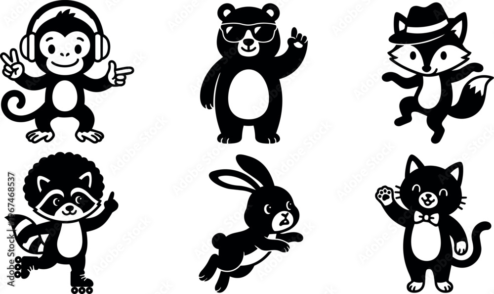 Naklejka premium Black and white cartoon animals with accessories including monkey headphones and fox hat