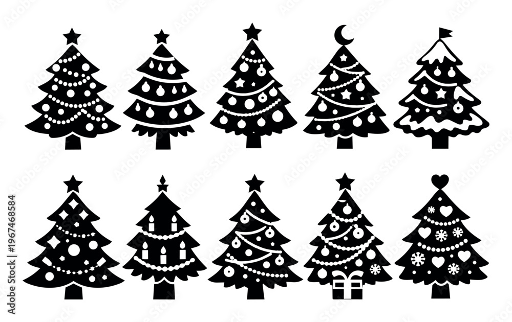 Obraz premium Collection of decorated Christmas trees in black silhouette style, perfect for winter holiday and festive season designs