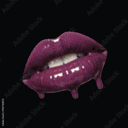 Retro Pop Art Pixelated Purple Lips Illustration with Liquid Drip Effect and Halftone Pattern