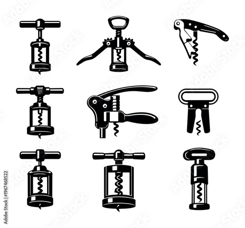 Collection of various corkscrew types and wine openers for uncorking bottles, essential bar tool set