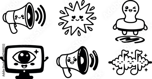 Cute kawaii megaphone eye music notes happy characters vector art