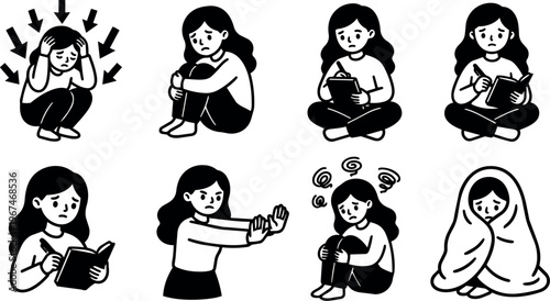 Woman showing various anxiety and stress emotions