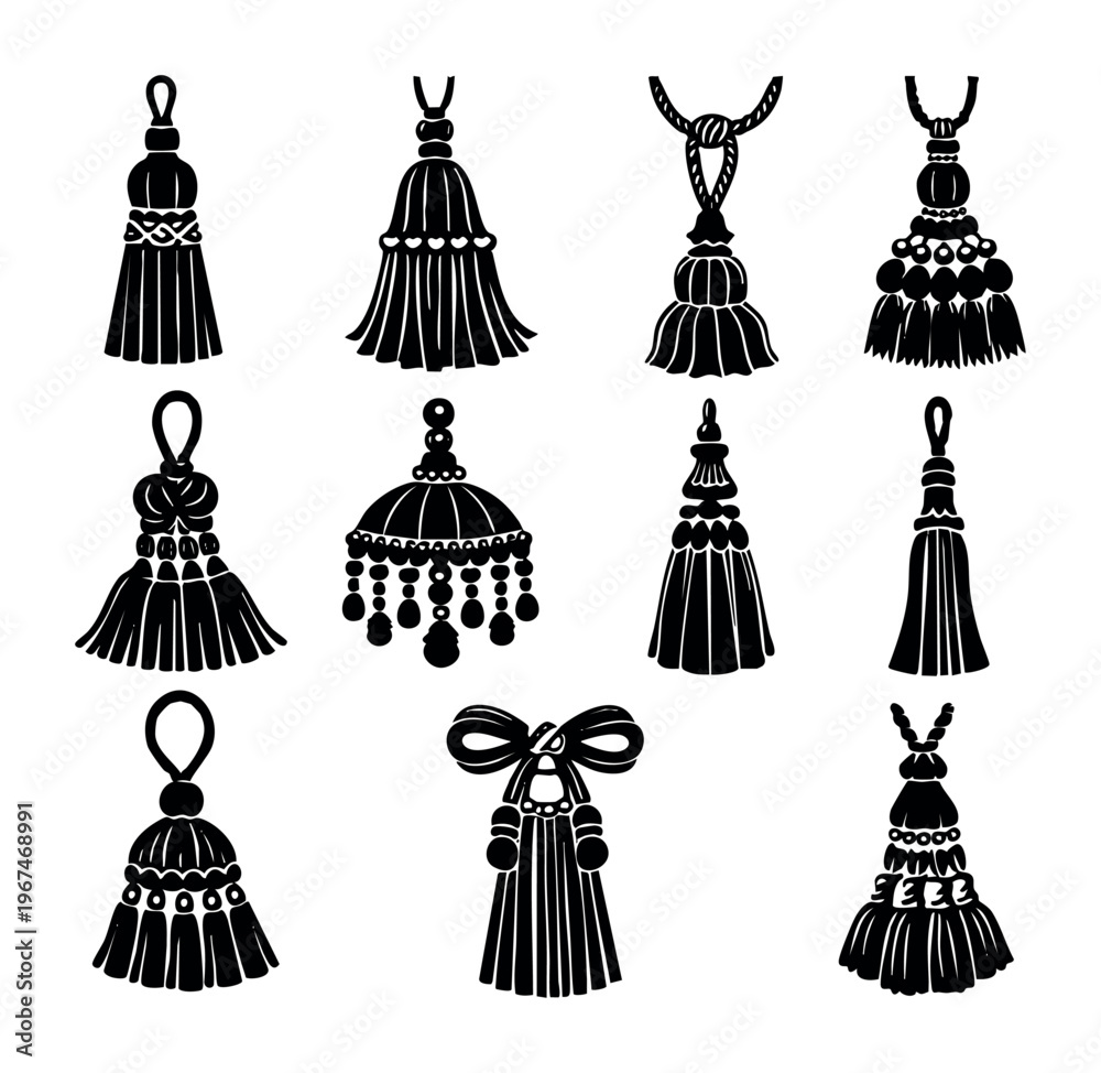 Fototapeta premium Collection of black tassels silhouettes, elegant decorative elements for vintage and rich ornamental designs illustrating fringe and rope