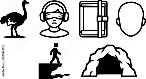 Black and white outline icons of ostrich man blindfolded headphones notebook head walking off cliff and cave entrance