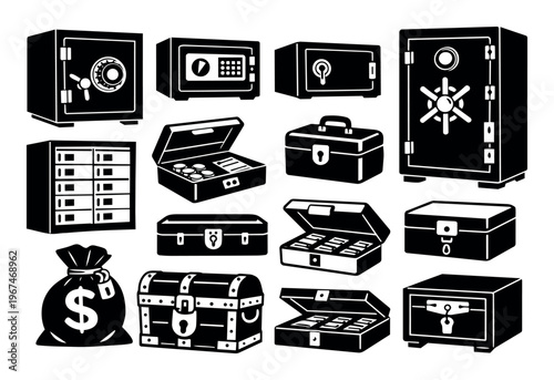 Various safes, strongboxes, and cash boxes protecting money, gold, and valuable items. Representing security, finance, and wealth