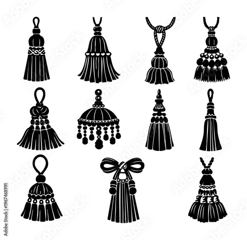 Collection of black tassels silhouettes, elegant decorative elements for vintage and rich ornamental designs illustrating fringe and rope