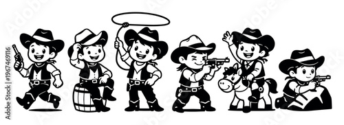 Group of happy cartoon cowboy kids in various action poses, playing and having adventures on a white background