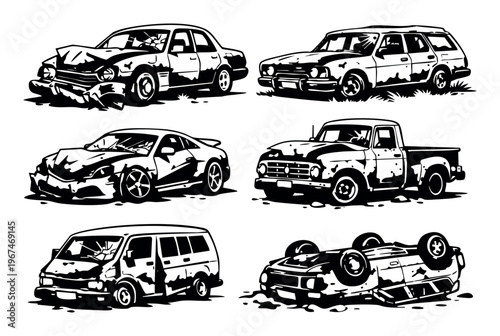 Dented cars, truck, minivan, and estate car involved in a crash. Vehicles showing signs of impact or neglect