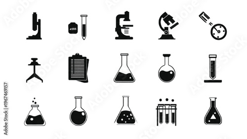 Set of medical testing silhouettes with lab process and sample analysis elements