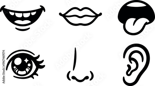 Black and white cartoon style mouth eye nose ear tongue icons set