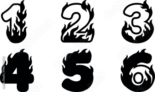 Black flame numbers one to six in bold silhouette style