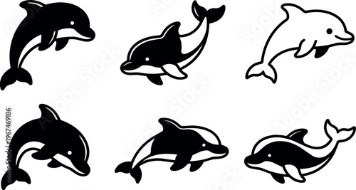 Black and white dolphin vector art icons in different poses and styles