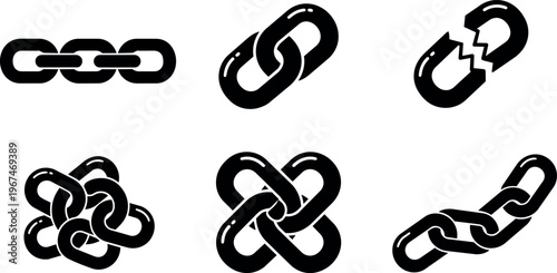 Black chain links set with broken and intertwined vector art icons