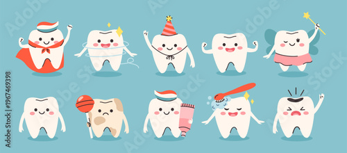 A set of tooth characters with different emotions. Pediatric dentistry. Cartoon detailed Illustrations. The concept for the personage of clinics, dentists, posters, signage, web sites.