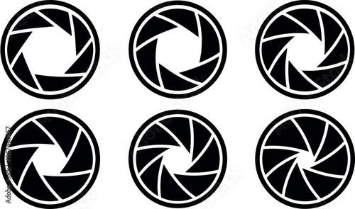 Black aperture shutter icons set with six blades in circle shape