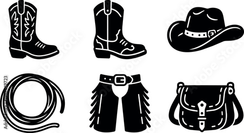 Black silhouette cowboy boots hat lasso chaps and bag vector art