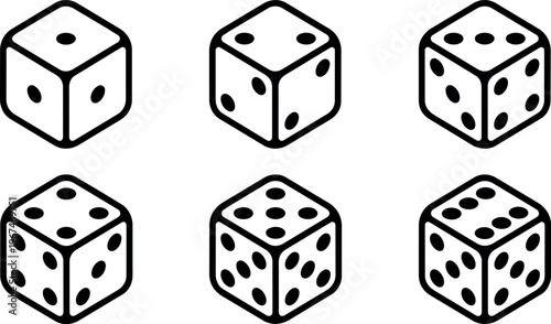 Black and white line art six dice showing one to six dots