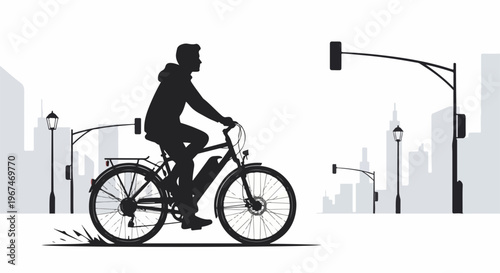 Silhouette of person riding electric bicycle through modern city landscape. Commuter travels on electric bicycle past streetlights and buildings, promoting eco friendly transportation.
