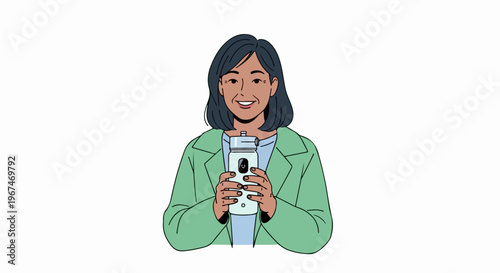 Woman phone illustration, smiling and holding modern smartphone device. Professional woman phone, dressed in green jacket, engaging with mobile technology applications.