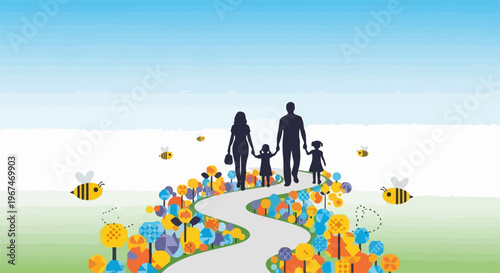 Silhouette family path winding through colorful floral landscape under blue sky. Parents and children on family path, holding hands amidst vibrant flowers, bees. Concept family path for future,