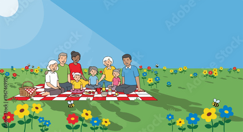 Diverse multi generational family picnic on red checkered blanket, sunny flower field. Group enjoys outdoor family picnic with colorful blossoms, green grass, clear blue sky.