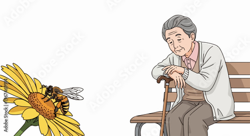 Elderly woman sitting on wooden park bench, observing bee on bright yellow sunflower. Thoughtful elderly woman enjoys tranquil moment in nature, reflecting on life's simple beauty.