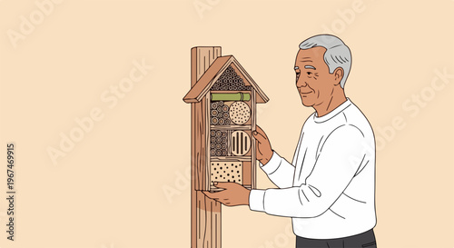 Older man installing insect hotel on wooden post. Insect hotel provides habitat for beneficial insects, promoting biodiversity and eco friendly living.