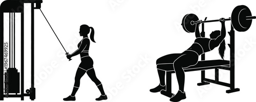 Silhouettes of people exercising with weights and equipment isolated on white background