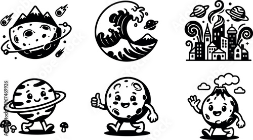 Cute cartoon planets and volcano with asteroid mountain and space city line art vector